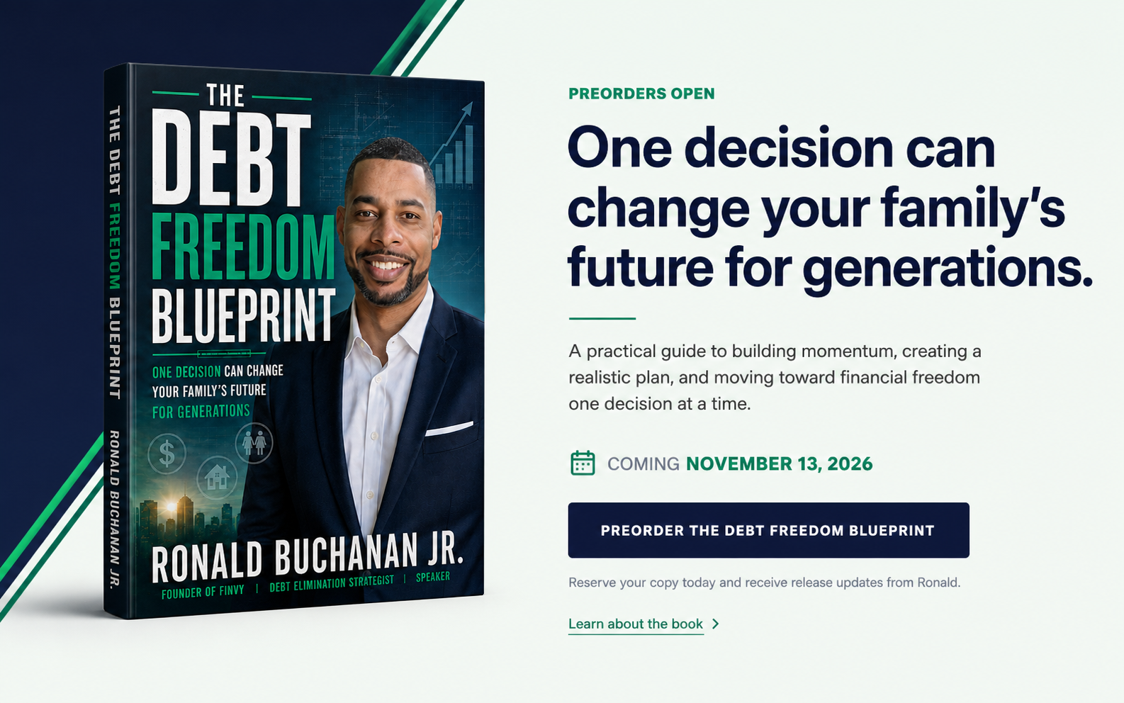 The Debt Freedom Blueprint shown as Ronald Buchanan Jr.'s angled book