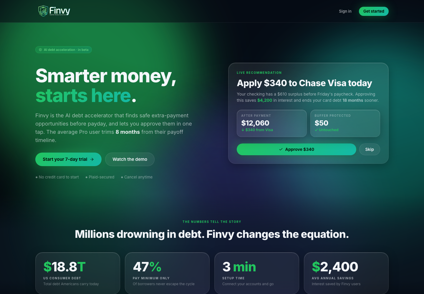 Classic Finvy app page showing the Smarter Money Starts Here experience.